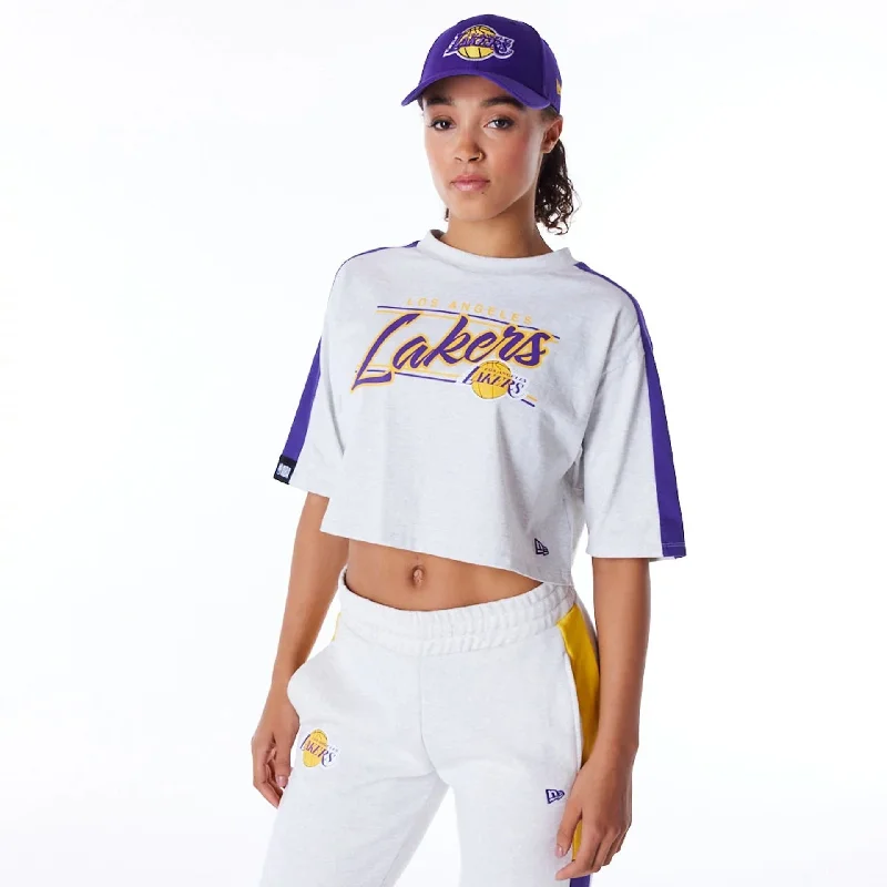 LA Lakers Womens NBA Colour Block Grey Crop T-Shirt