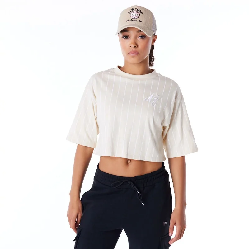 New Era Womens Pinstripe Light Beige Crop T-Shirt