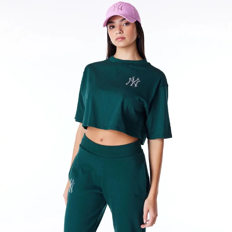 New York Yankees Womens MLB Diamante Dark Green Crop T-Shirt