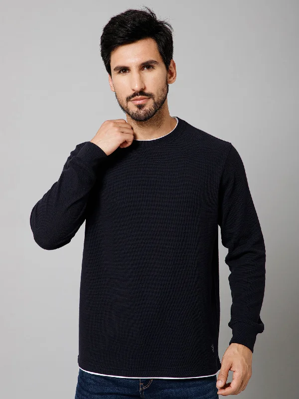 Cantabil Solid Navy Blue Full Sleeves Round Neck Regular Fit Casual Sweatshirt For Men